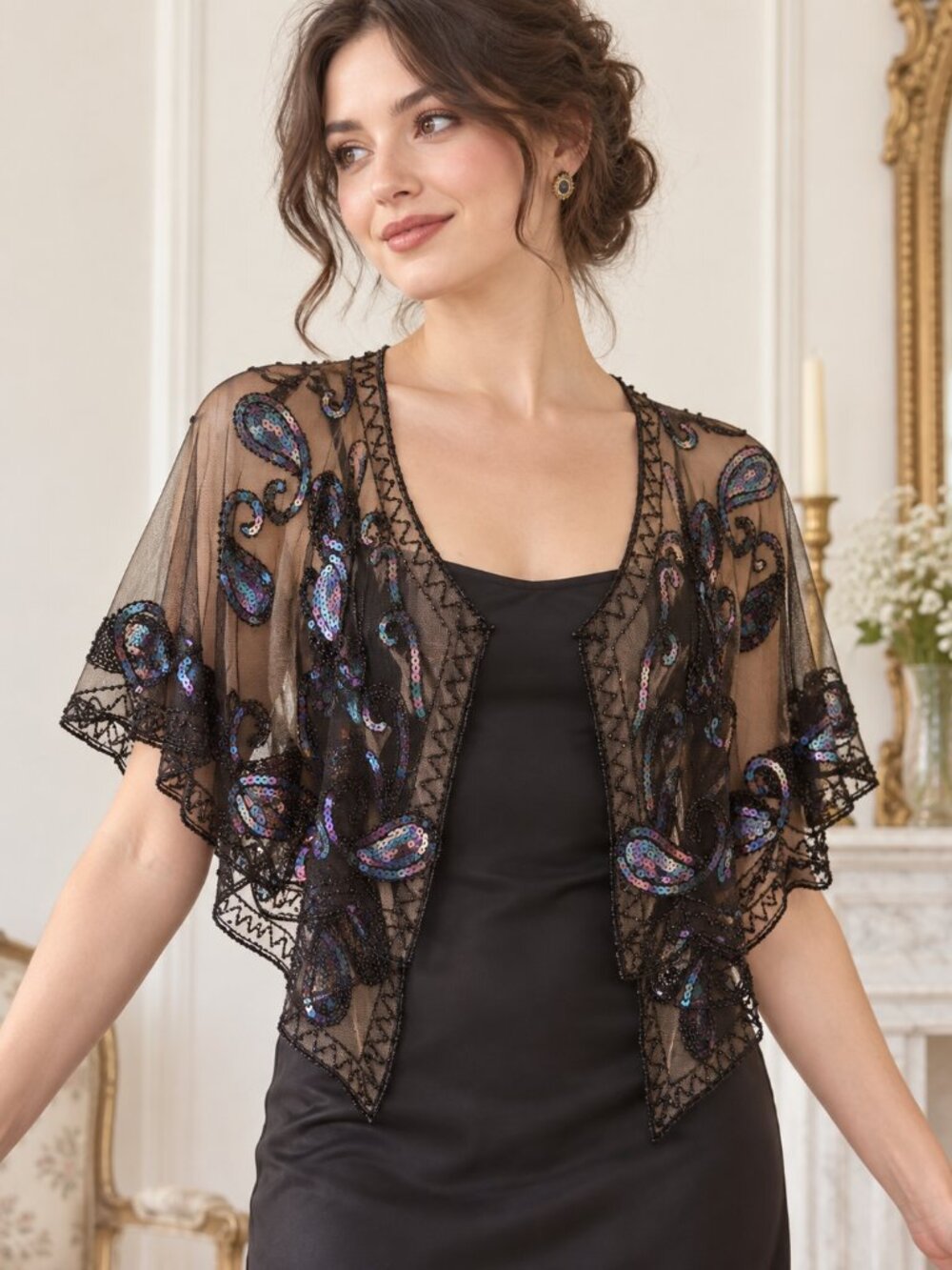 Vintage Black Sheer Beaded Sequin Paisley Capelet Bolero Evening Shrug
